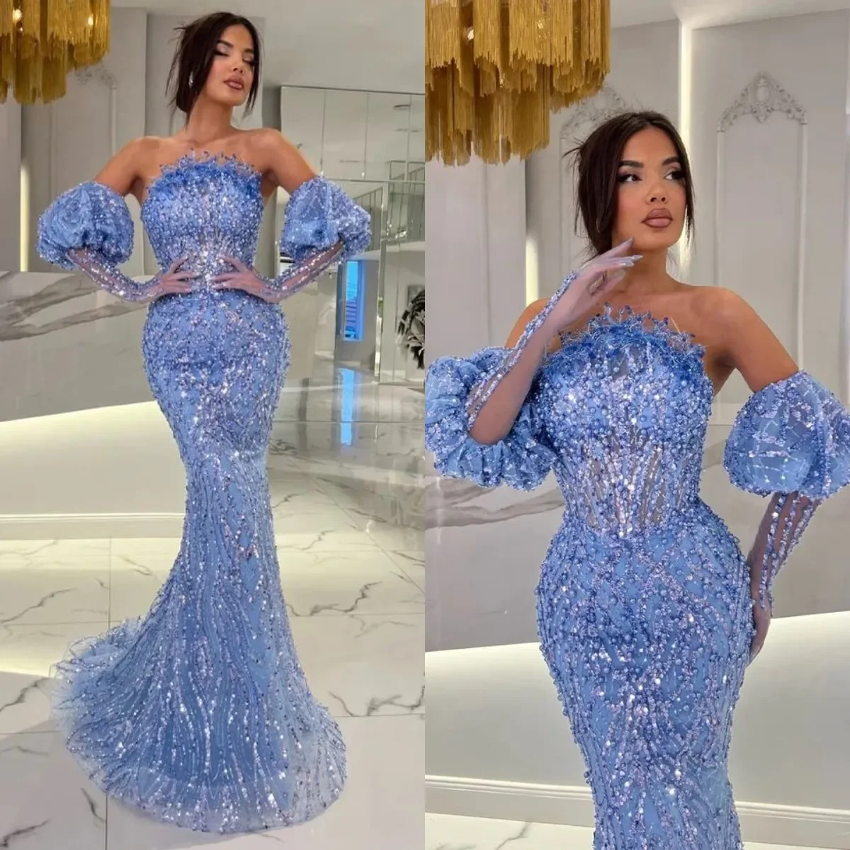 

Luxurious Customized Strapless Evening Dresses Sexy Sequined Beading Lace Prom Dress Floor Length Party Gown