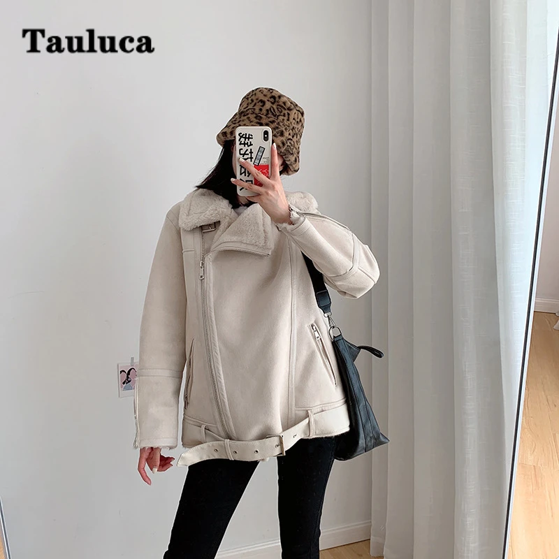 Autumn Winter Faux Fur Loose Coat Thickened Women Double-faced Lamb Velvet Fur Female Buckle Belt Deerskin Jacket Cotton Outwear