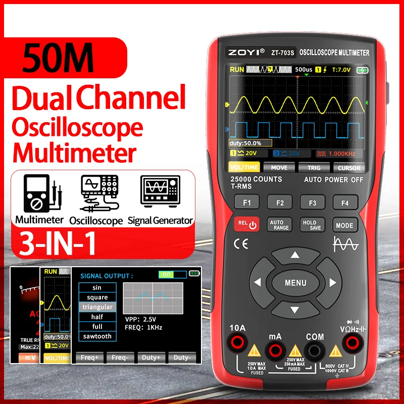 

3-in-1 Oscilloscope Multimeter Signal Generator ZOYI 280MS/s 50MHz Bandwidth for Transistor Waveform Electrical Test