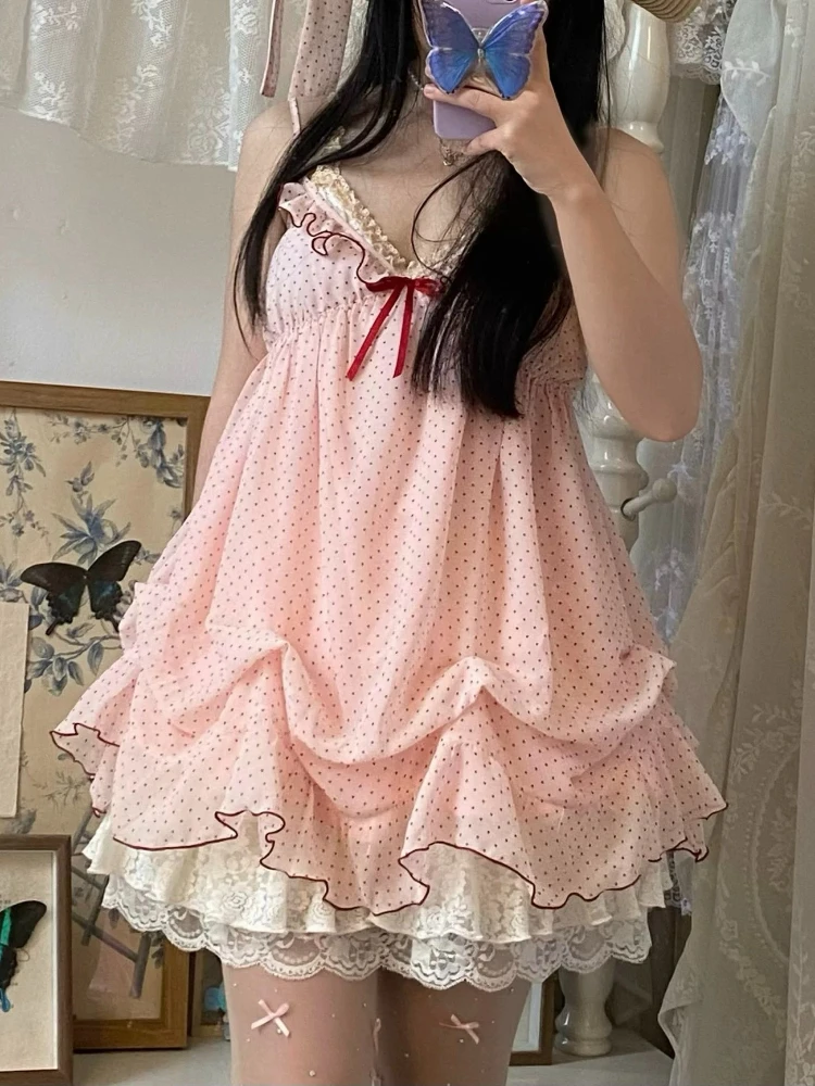 Set 2 Potong Lucu Manis Kawaii Jepang Atasan Renda Pendek Wanita + Gaun Polka Dot Setelan Retro Berbulu Merah Muda Chic Baru Musim Panas 2025