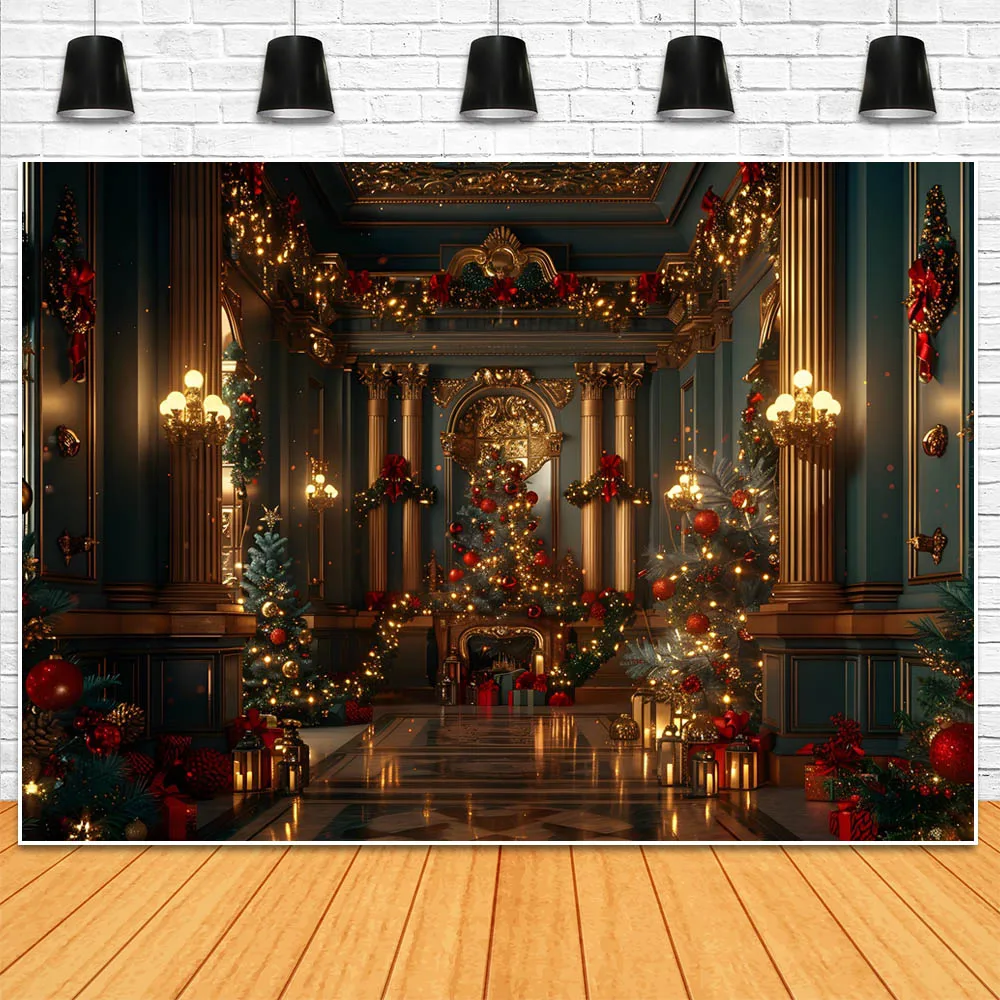 Mocsicka Christmas Background Church Vintage Wall Fireplace Xmas Tree Garland Featival Party Decor Backdrops Photo Studio Props