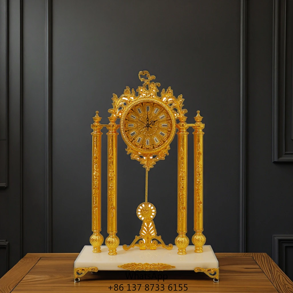 

Court Shabby Chic Desk Clock Creative Golden Brass Needle Projection Antique Style Electronic Movement Quartz Function