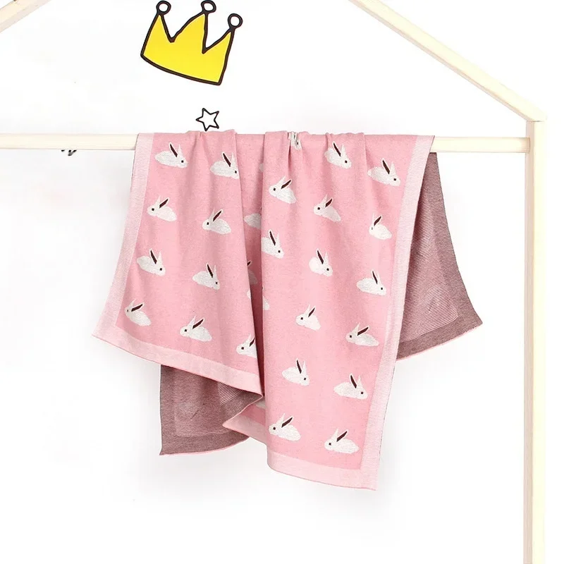 Cute Rabbit Print Knitted Baby Blanket 100*80cm Multi Use Soft Swaddle Wrap Stroller Cover or Play Mat for Newborns