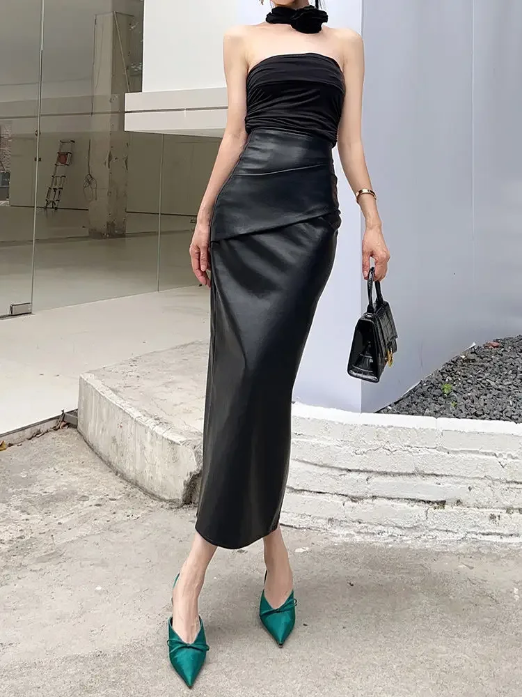 Women's Leather Midi Skirt, High Waist, Office Wear, Elegant Black Behind Slit, Sexy Irregular Skirts, Clubbing, Nightlife