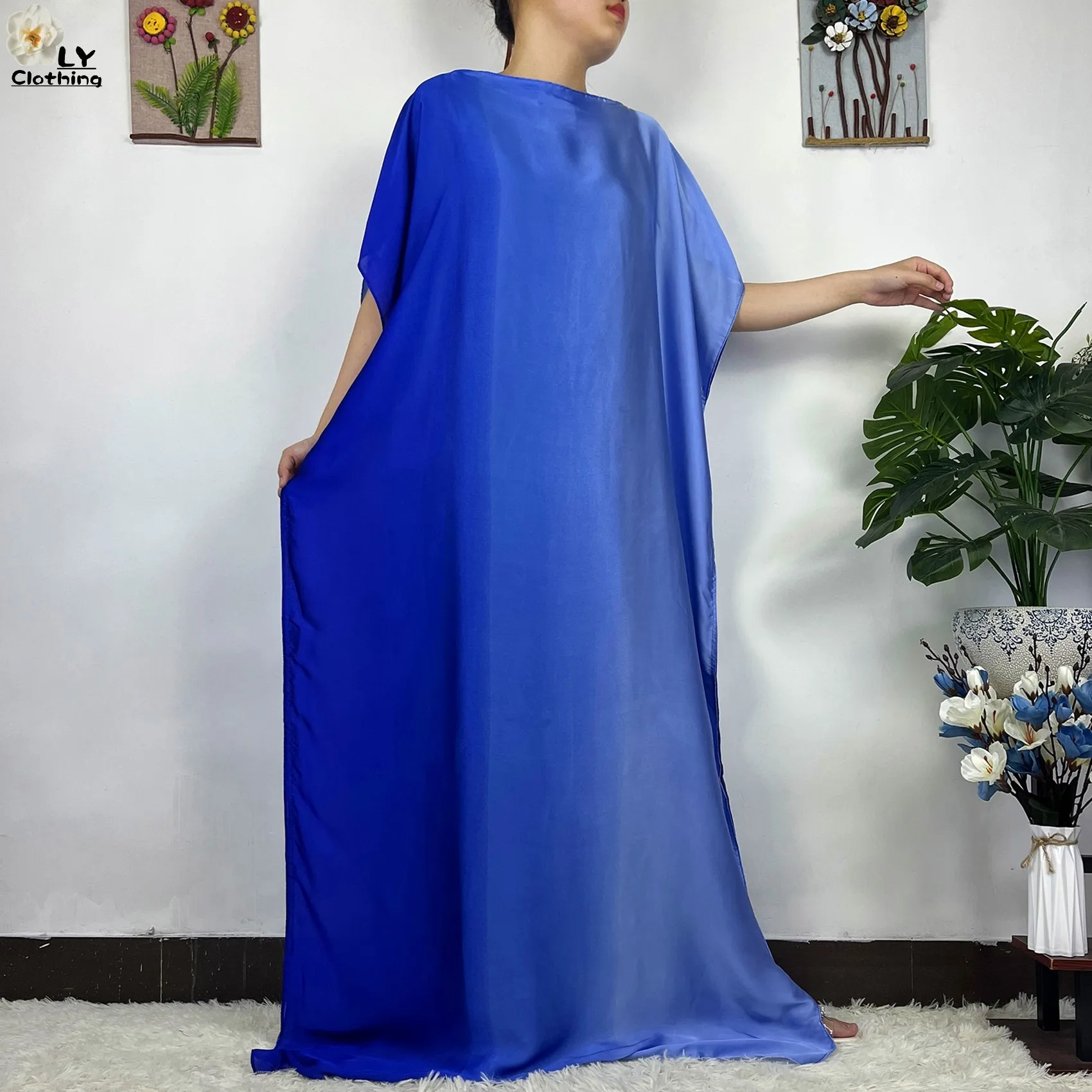 2023 New African Fashion Short Sleeve Colored Pattern Dubai Women Summer Real Silk Soft Printing Loose Tradition Muslim Dress