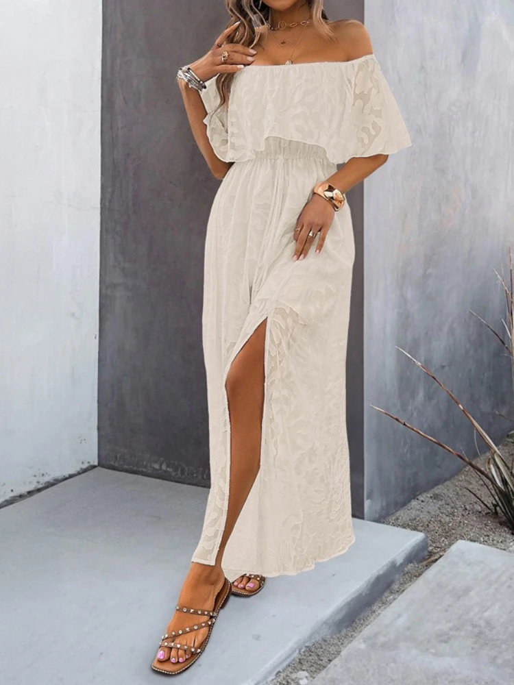 Robe longue en dentelle bohème pour femmes, blanche, plage, ample, sans bretelles, asymétrique épaule dénudée, couleur unie, Sexy, nouvelle collection été 2025