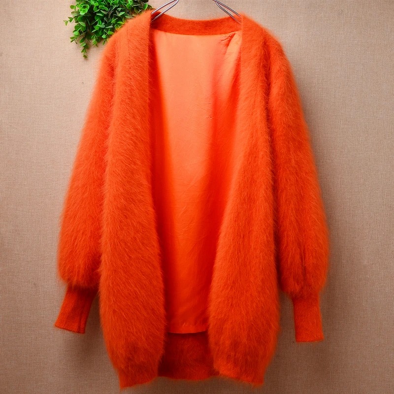 Female Women Spring Autumn Clothing Hairy Mink Cashmere Knitted Long Lantern Sleeves Loose Mantle Cardigan Angora Jacket Sweater