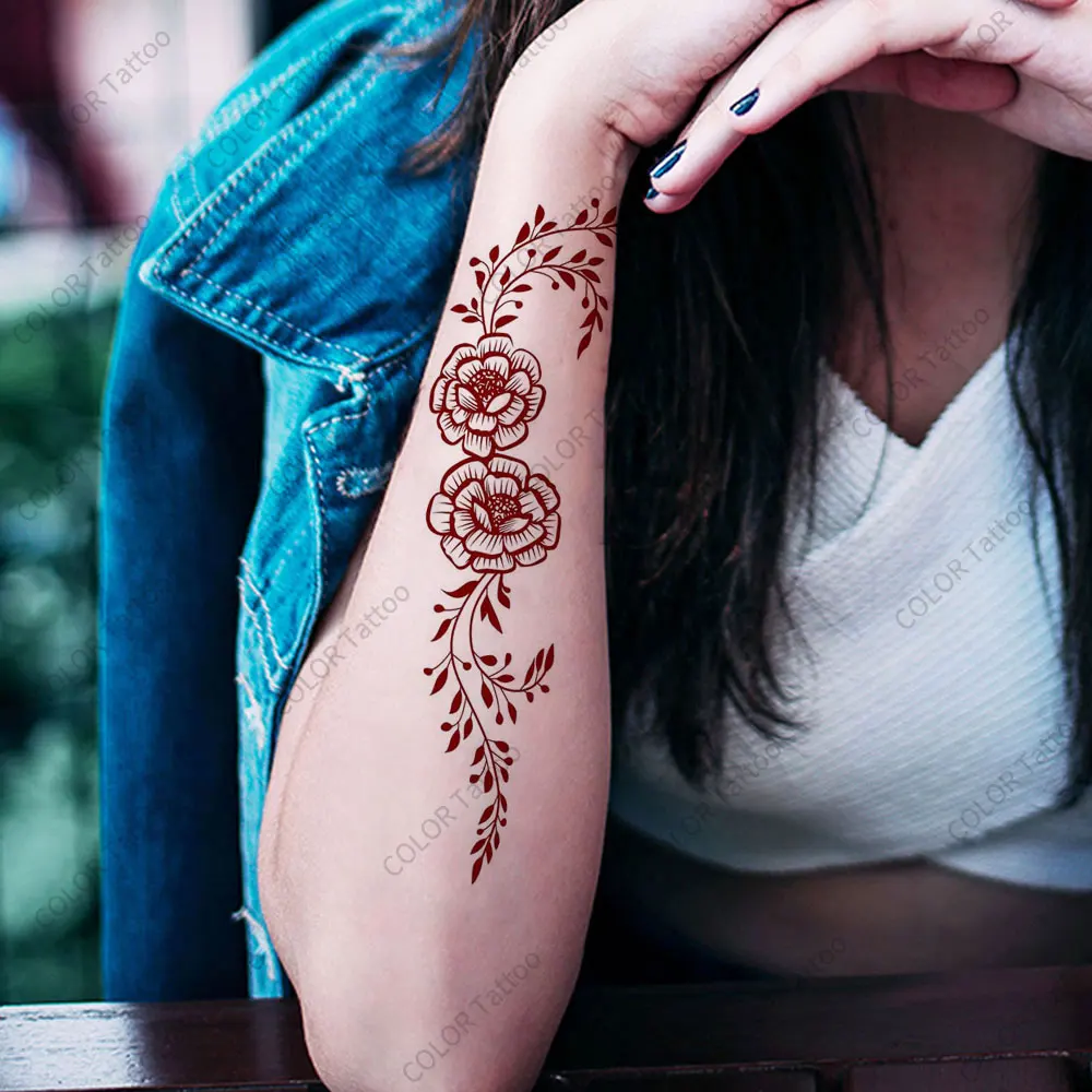 1pc Brown Henna Tattoo Stickers for Women Maroon Flower Temporary Tattoos for Hand Body Removable Fake Henna Stickers