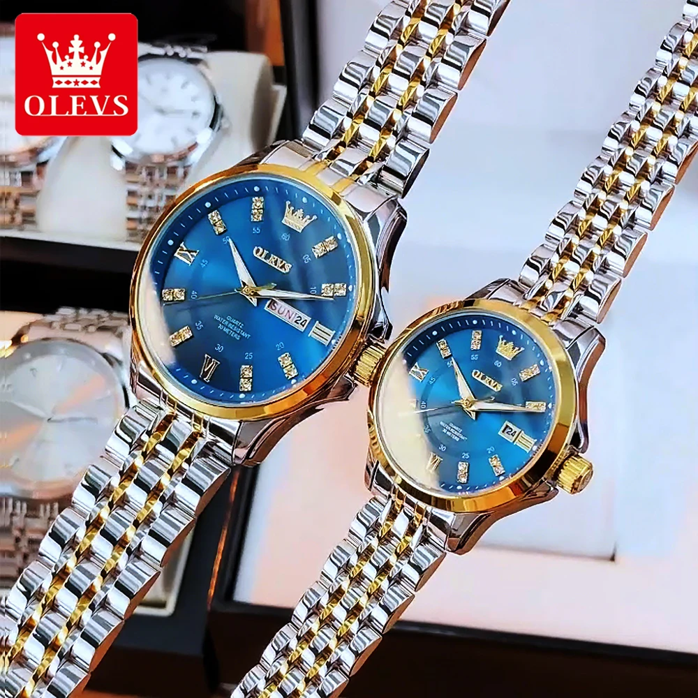 ساعات OLEVS للأزواج الفاخرة من أفضل العلامات التجارية المصنوعة من الفولاذ المقاوم للصدأ ساعة يد كوارتز أصلية لمحبي تقويم مضيء مقاوم للماء