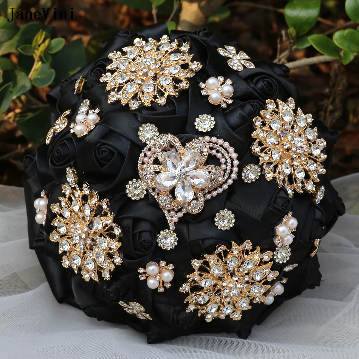 

JaneVini 2025 Luxury Golden Rhinestones Bridal Bouquets Black Ribbon Roses Artificial Bride Flowers Bouquet Wedding Accessories