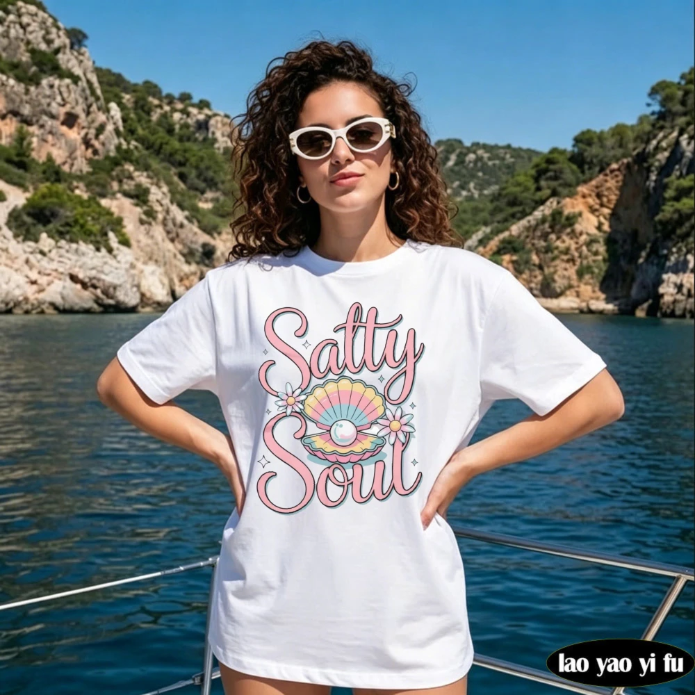 Salty Soul Seashell & Pearl T-Shirt Pastel Coastal Beach Graphic Tee Daisy Shell Summer Vibes Unisex Tops Women Clothes