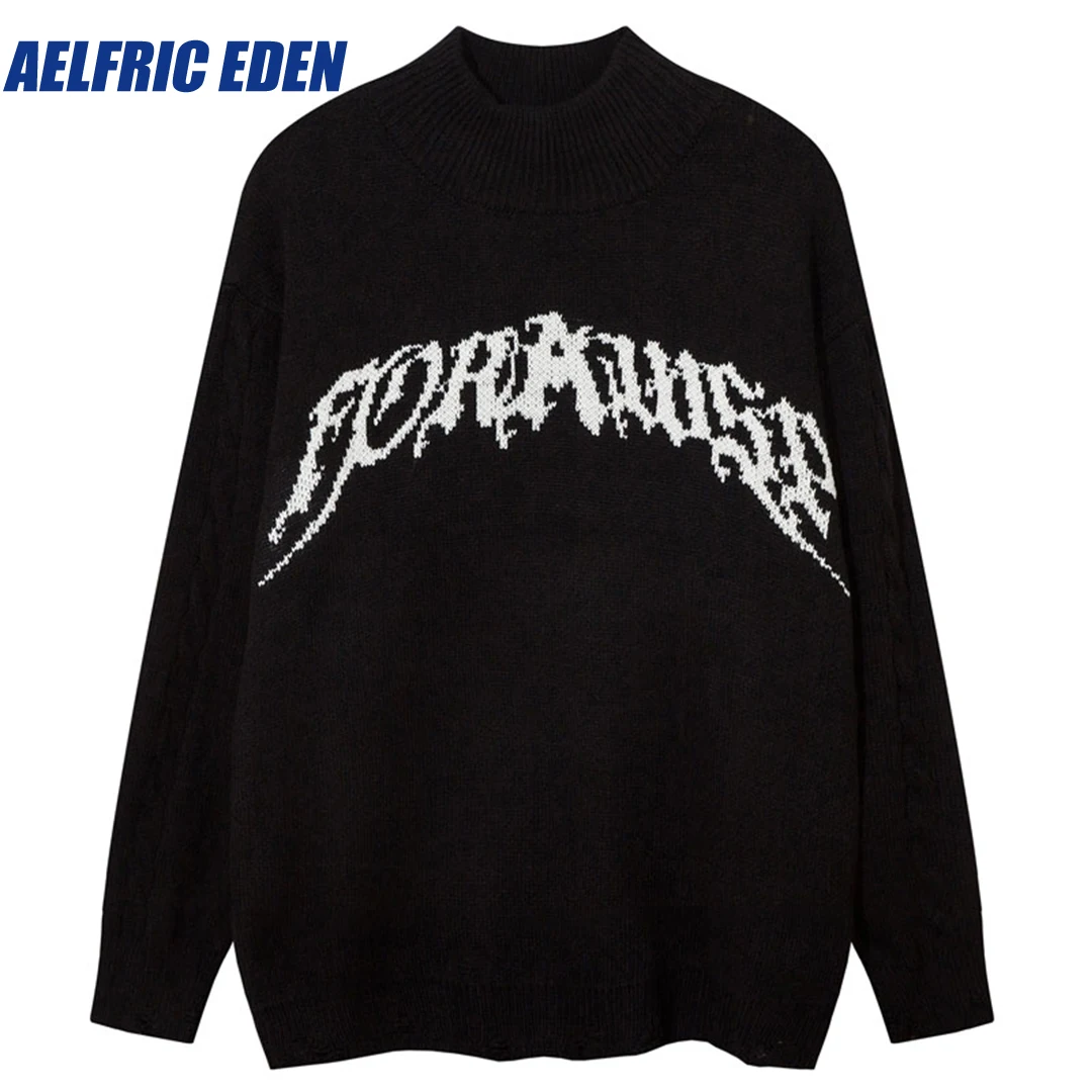 

Aelfric Eden Knitted Letter Hole Jumper Ripped Turtleneck Sweater Y2K Hip Hop Streetwear Harajuku Men Punk Goth Loose Pullovers