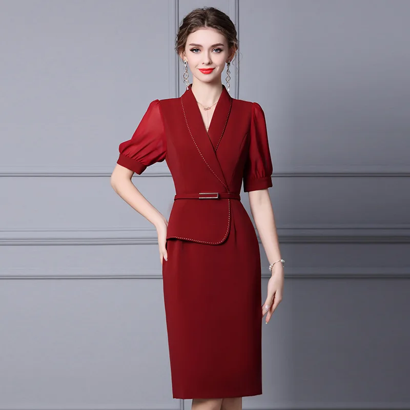 Wine Red Dress Woman summer 2022 new high-end mature temperament belt slimming below the knee dresses