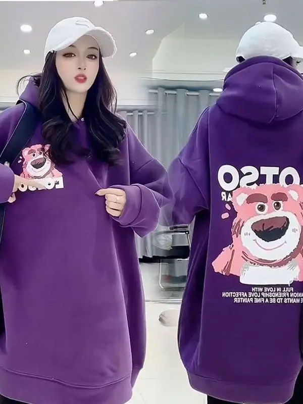 Plus Size 300 Pou Cartoon Stberry Bear Fronte e stampa Ba Felpa lunga da donna con cappuccio Sve Fce Trendy Fat MM