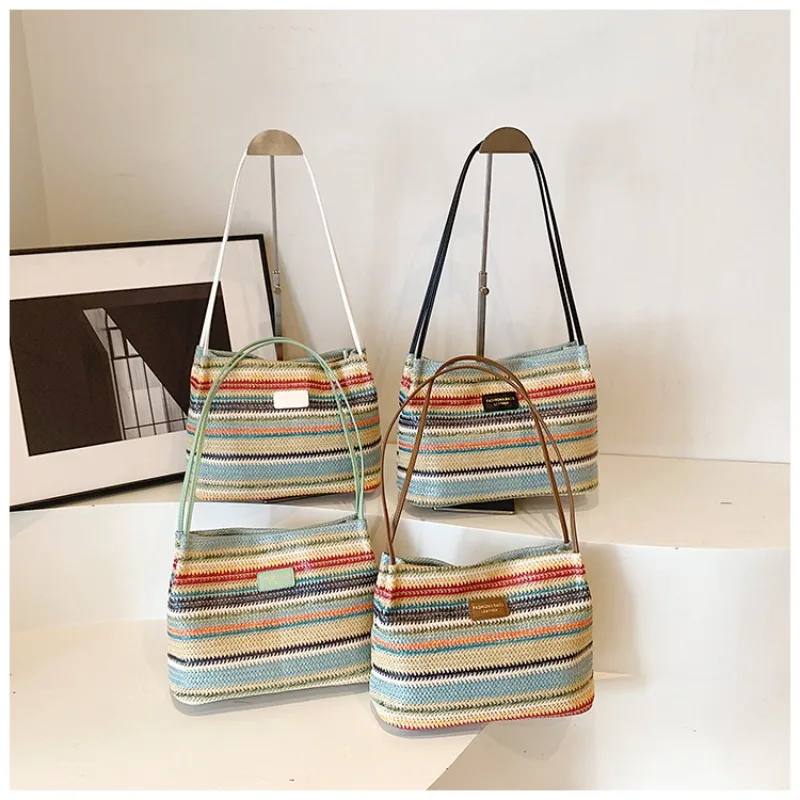 Rainbow Stripe Woven Straw 2024 New Fashion Trendy Commuting Foreign Style Large Capacity Feeling Tote Shoulder Armpit Bag