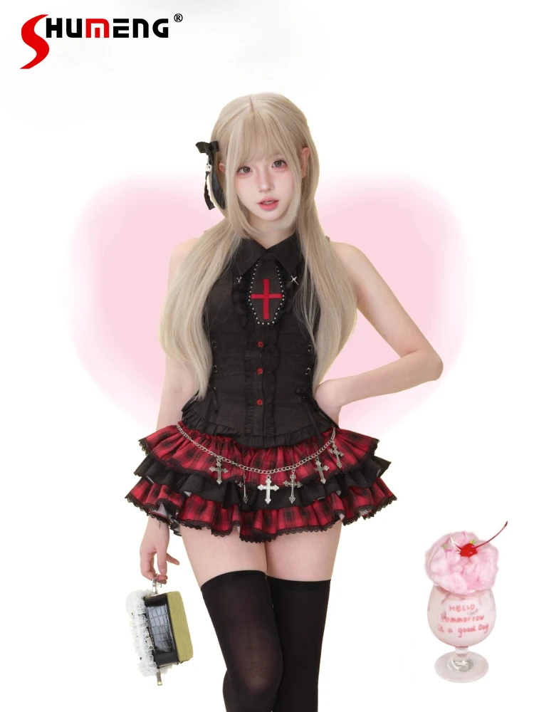 

Subculture Punk Style Cross Sleeveless Tops Girls Sweet Cool Slim-Fit T-shirt Mini Skirt Set Summer Red Plaid Skirts for Women