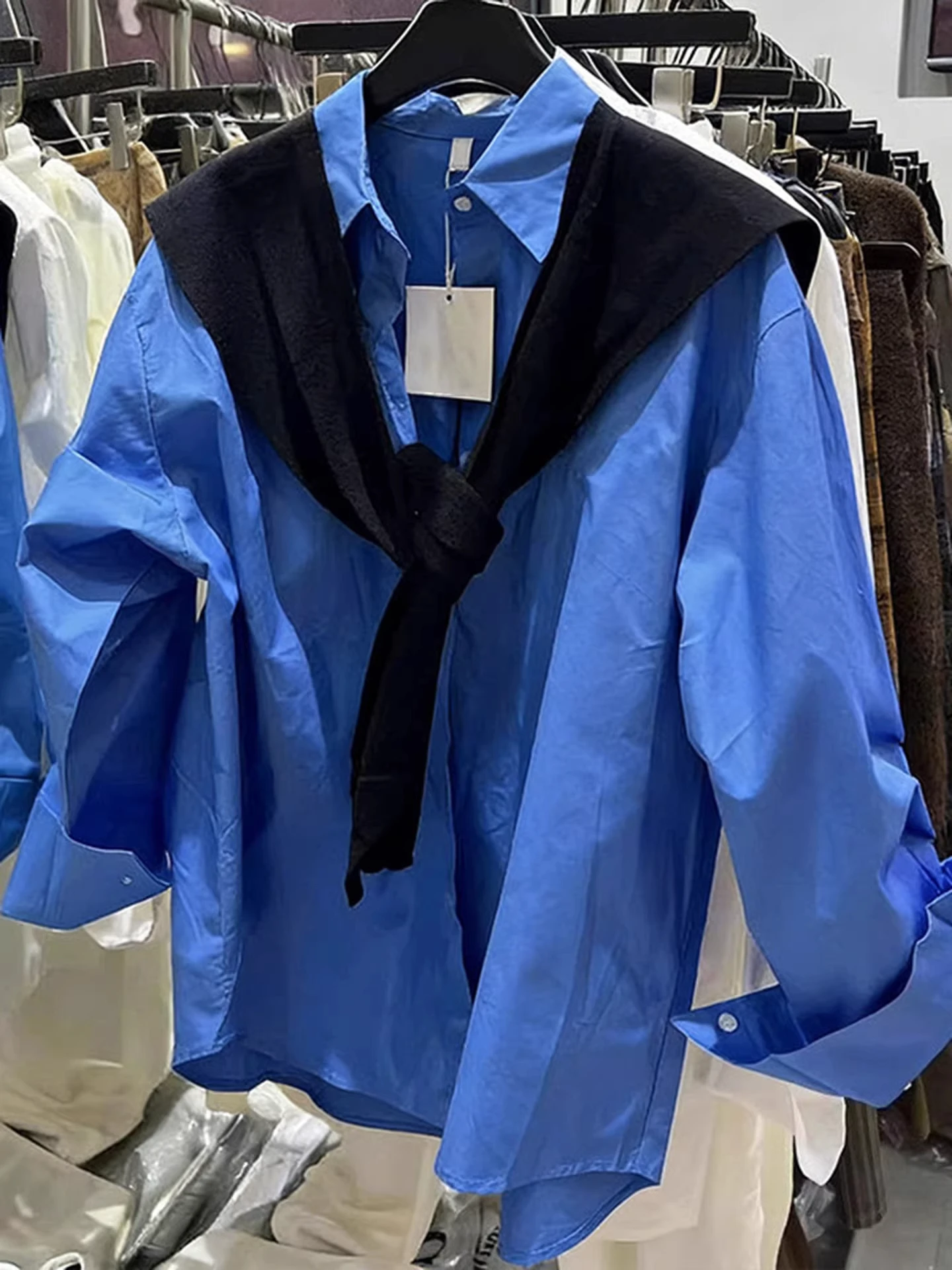 

Мужская рубашка с длинным рукавом цвета Кляйн синий, весенняя, в американском стиле, свободного кроя, с контрастными вставками, повседневная, молодежная, унисекс, открытый кардиган