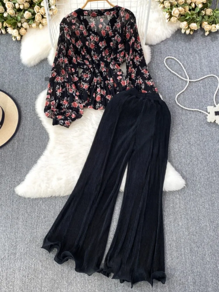 Women Elegant Casual Trousers Suit Vintage Loose V-Neck Print Tops High Waist Wide-Leg Pants Two Pieces Set Holiday Clothes New