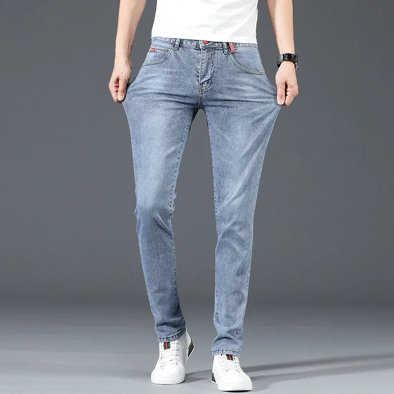 New Men's Cotton Business Casual Skinny Jeans Trendy Fashionable Stretch Straight Slim Denim Trousers Male Blue Grey