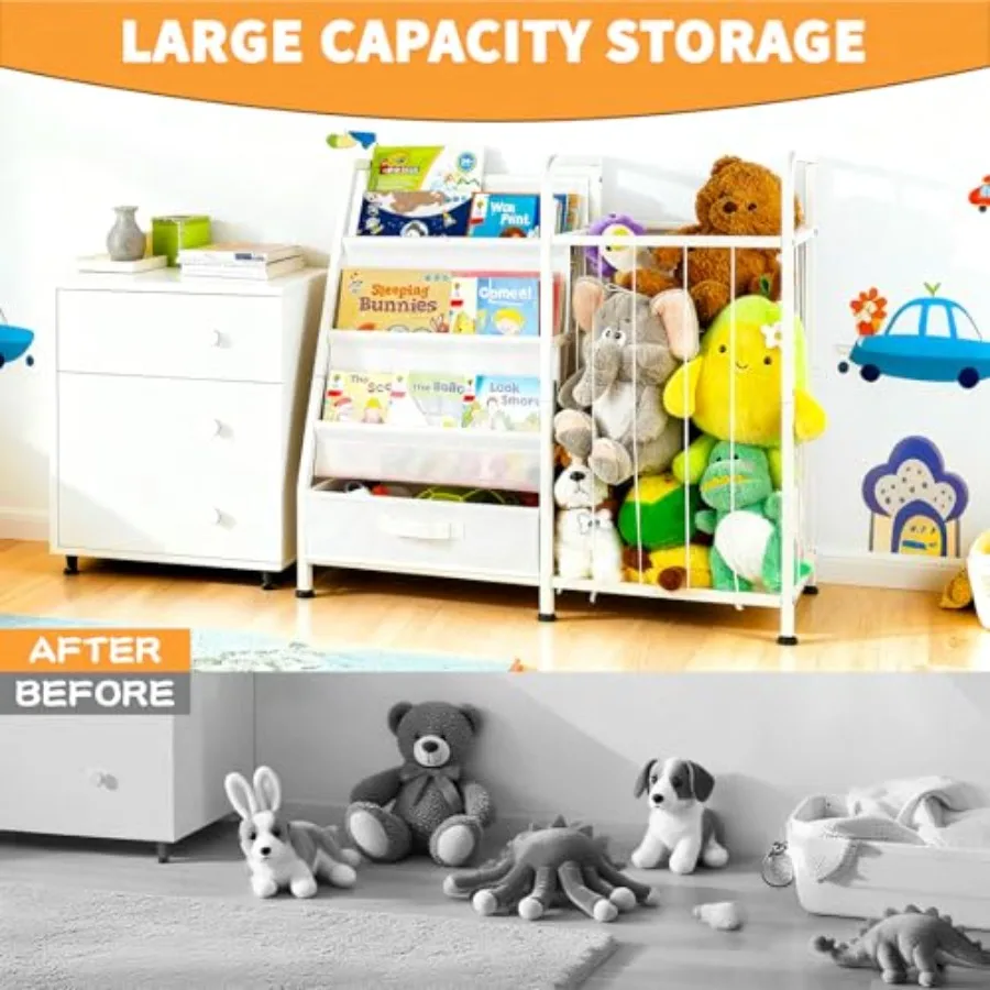Large White 3Tier Bookshelf with Sling Shelves and Fabric Toy Chest for Playrooms Bedrooms and Nurseries Versatile Stuffed Anim