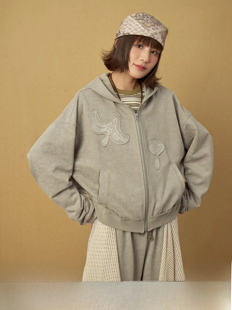 

Ретро-куртка с эффектом потертости, двойной молнией, вышивкой в виде грибов и цветов, свободного кроя, из хлопка и полиэстера, для женщин