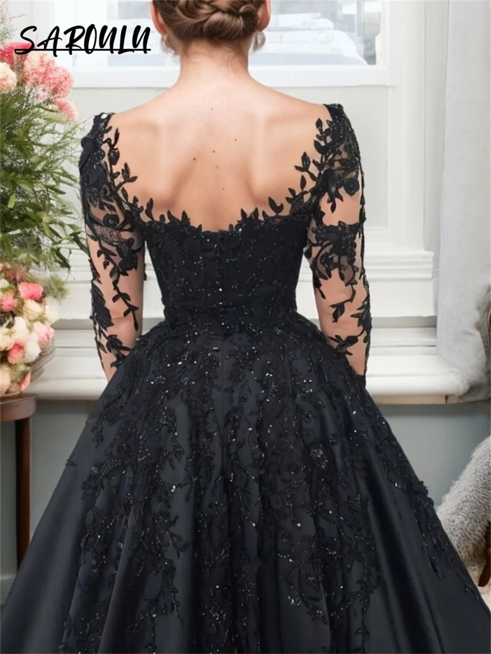 Gothic Black Wedding Dress Tulle Lace Appliques Ballgown Masquerade Prom Dress Illusion Long Sleeves Bride Dress Party Gown