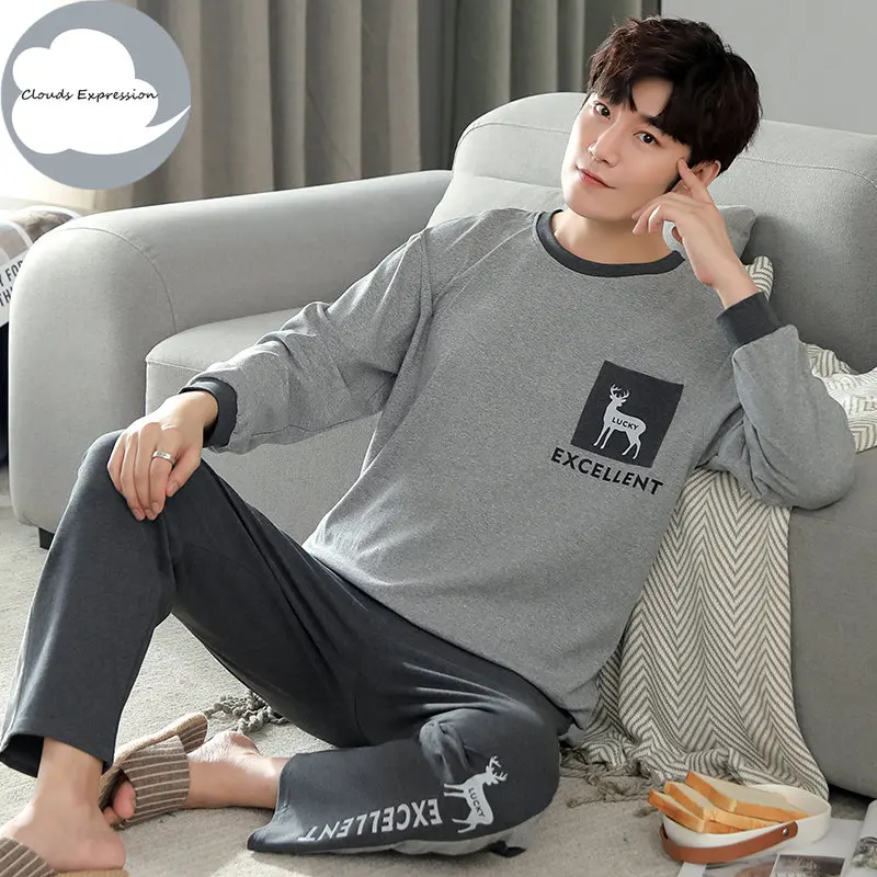 Autumn Winter Knitted Cotton Cartoon Men\'s Pyjamas Couple Pajamas Set Casual Male Sleepwear Pyjamas Night Pijamas Homewear 4XL