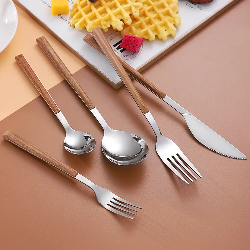 Stainless steel tableware household long handle knife fork spoon Western tableware dessert wooden handle small spoon dinnerware