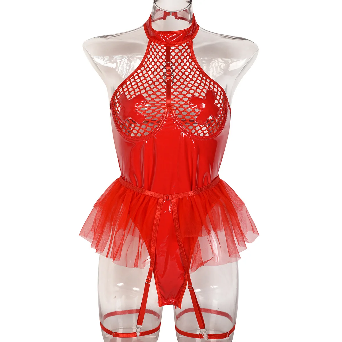 

Красное цельное боди для женщин из искусственной кожи, платье Тедди Babydoll, боди, горячие эротические полые комбинезоны, порно костюмы, сексуальный костюм