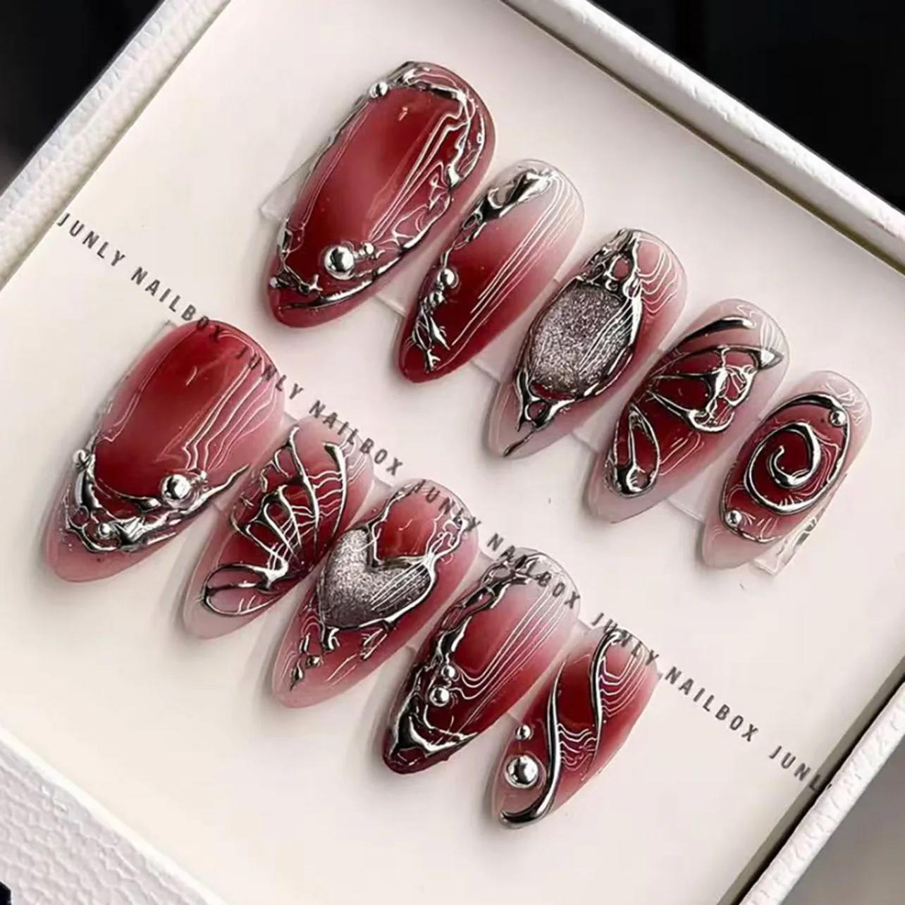 

24Pcs Red Smudge Y2k Fake Nails Mid-length Almond Reusable Press on False Nails 3D Silver Butterfly Heart Full Cover Nails Tips