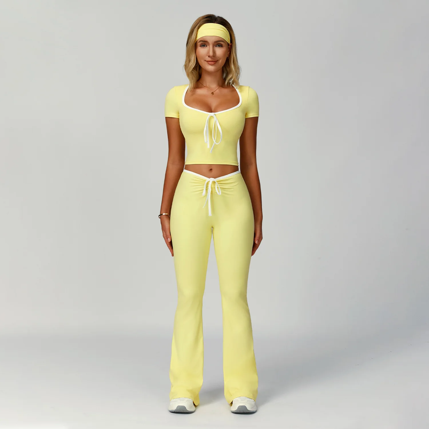 طقم تمرين نسائي من HANRAN مع عصابة رأس 2025، بدلة يوجا بحواف متباينة وسراويل واسعة للصالة الرياضية في الهواء الطلق #6