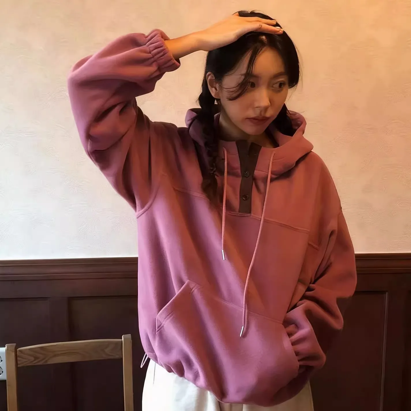 루즈핏 후드 스트링 스웨트셔츠 여성용 겨울 신상 동대문 캐주얼 편안한 풀오버 코트