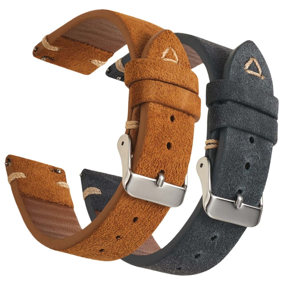 Suede Leather Watch Strap 18mm 19mm 20mm 21mm 22mm 24mm Grey Vintage Band Replacement Wristband Handmade Stitching Watchband