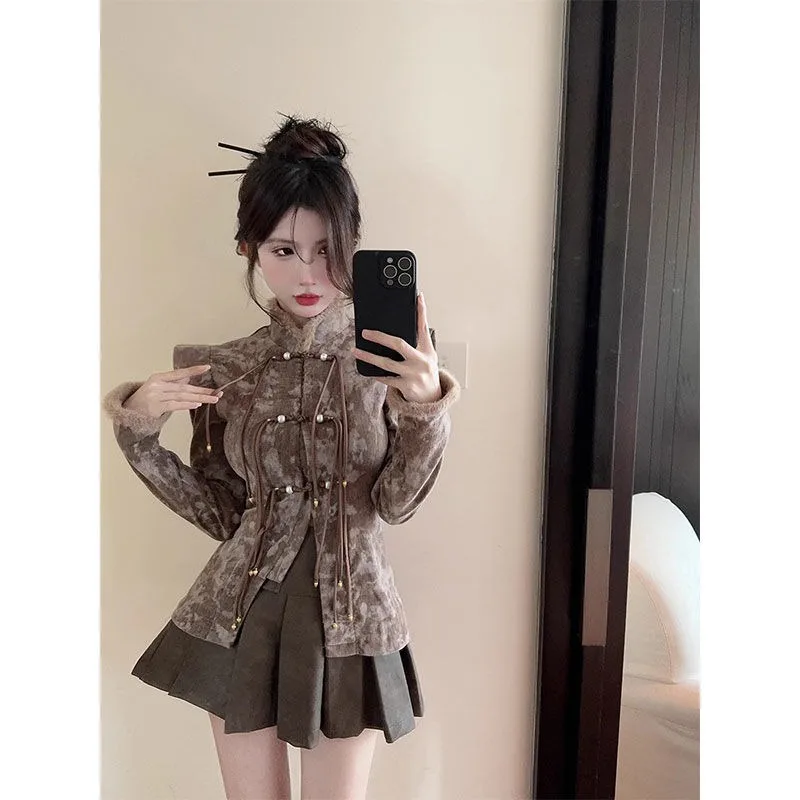 

Chinese Retro Printed Knot Button Long Sleeve Cheongsam Shirt Women Elegant Waiated Slim Warm Shirt Winter Vintage Premium Top