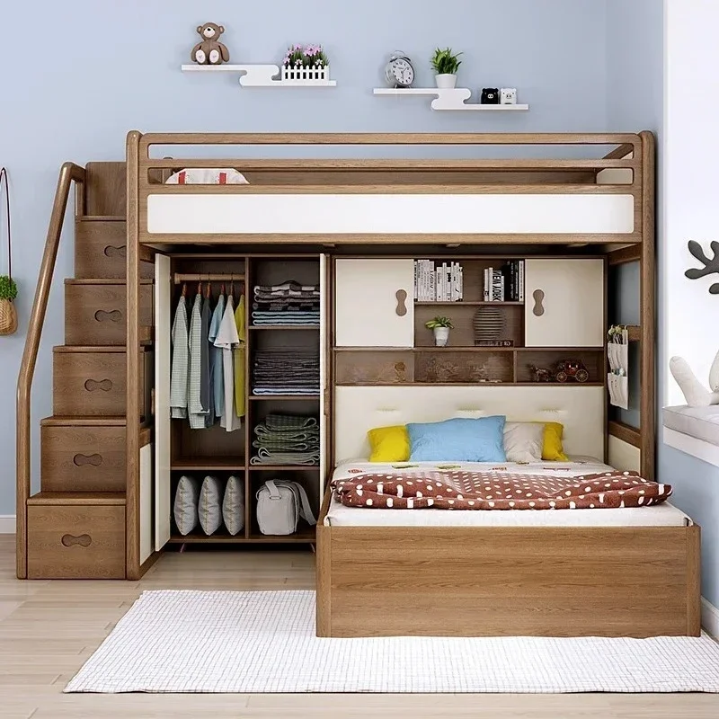 LYN solid wood staggered small apartment with wardrobe bunk bed