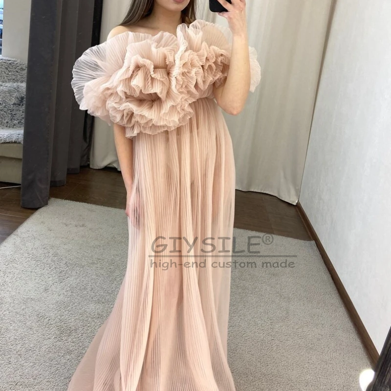 GIYSILE 맞춤형 한 어깨 Pleated Sheer 출산 이브닝 가운 노출 된 어깨 반팔 임신 사진 촬영 가운