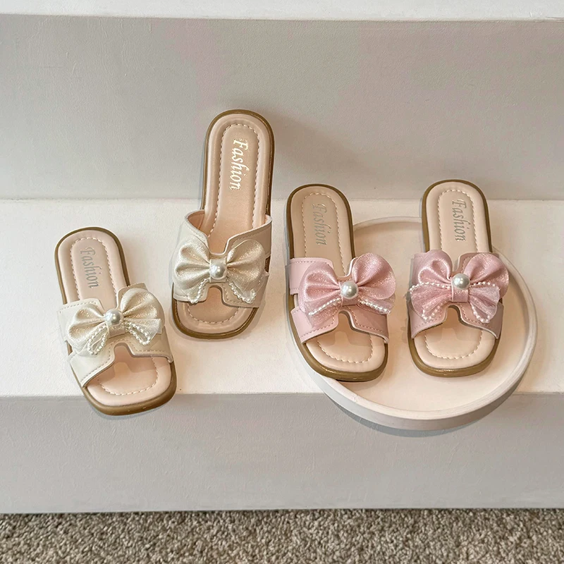 

Children's Summer Slippers for Girls 2024 Brand New Kids Flat Open Toes Slides Beach Bath Shoes Anti-skid Outdoor Bowtie Pearls