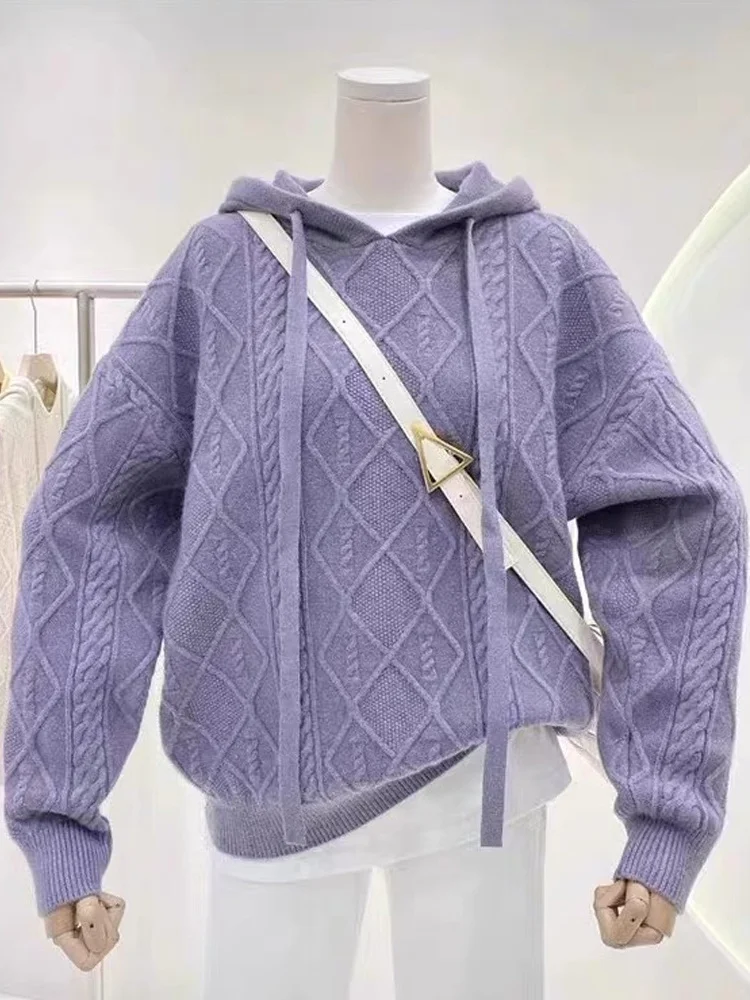 

Korean Design Hat Knitted Camere Sweater Autumn Loose Soft Comfortable Women's Faion Twist Sweater Long Sve Pure Color