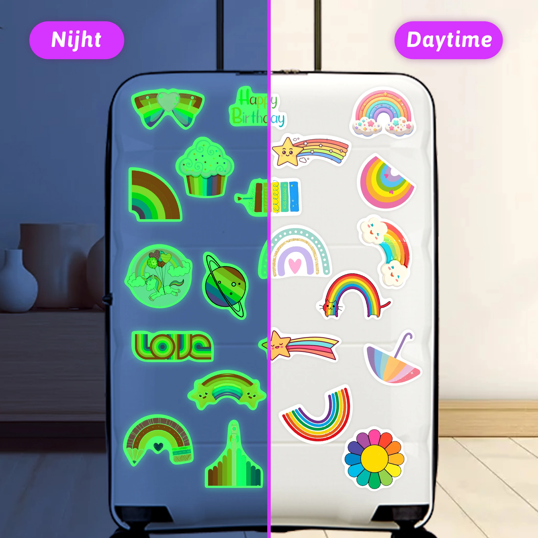 สติกเกอร์รุ้งน่ารักลายการ์ตูนเรืองแสงในที่มืด50แผ่น, ขวดน้ำกันน้ำ, สติกเกอร์สมุดบันทึก,