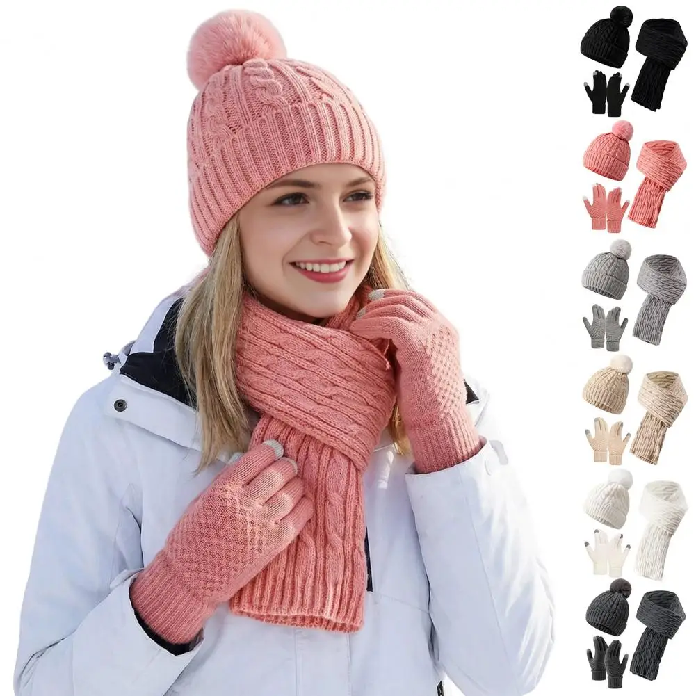 Winter Hat Scarf Gloves Set for Women, Warm Pompom Hat, 62 Inch Knit Scarf, Cozy Touchscreen Gloves Elastic Warm Hat