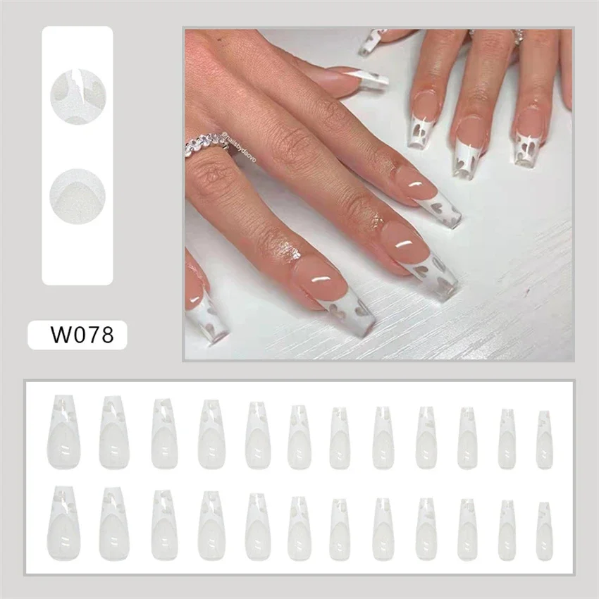 

24Pcs/Set Simple Atmosphere Fake Nails White Heart Removable Press on Nail Full Cover French Stick on Wearing False Nails Tips