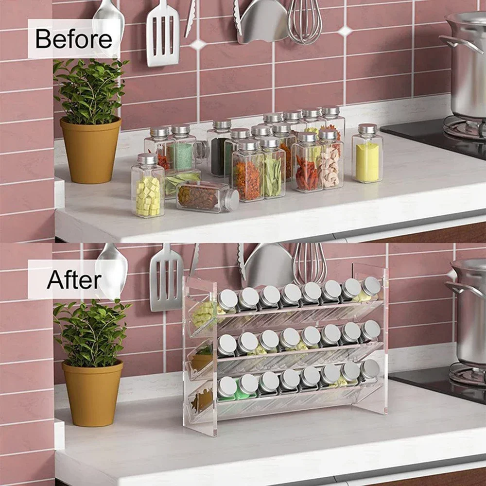 Simple Three-layer Acrylic Spice Display Rack for Home Kitchen Countertop Transparent Spice Rack Multi-functional Storage Rack