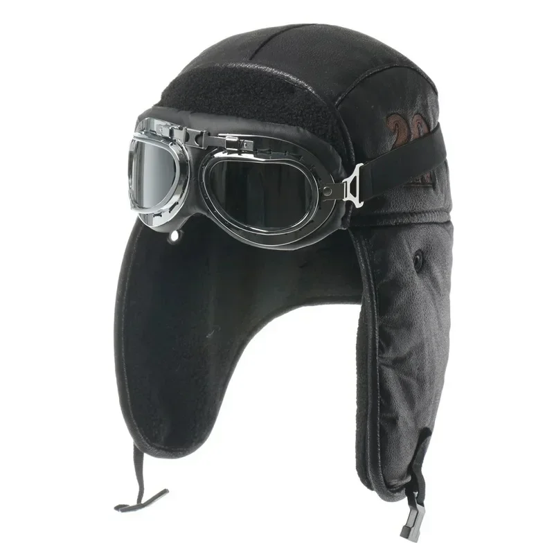 Men Winter Bumper Hat With Goggles Outdoor Motorcycle Windproof Warm Faux Fur Pilot Earflap Hat Leather Thermal Ushanka