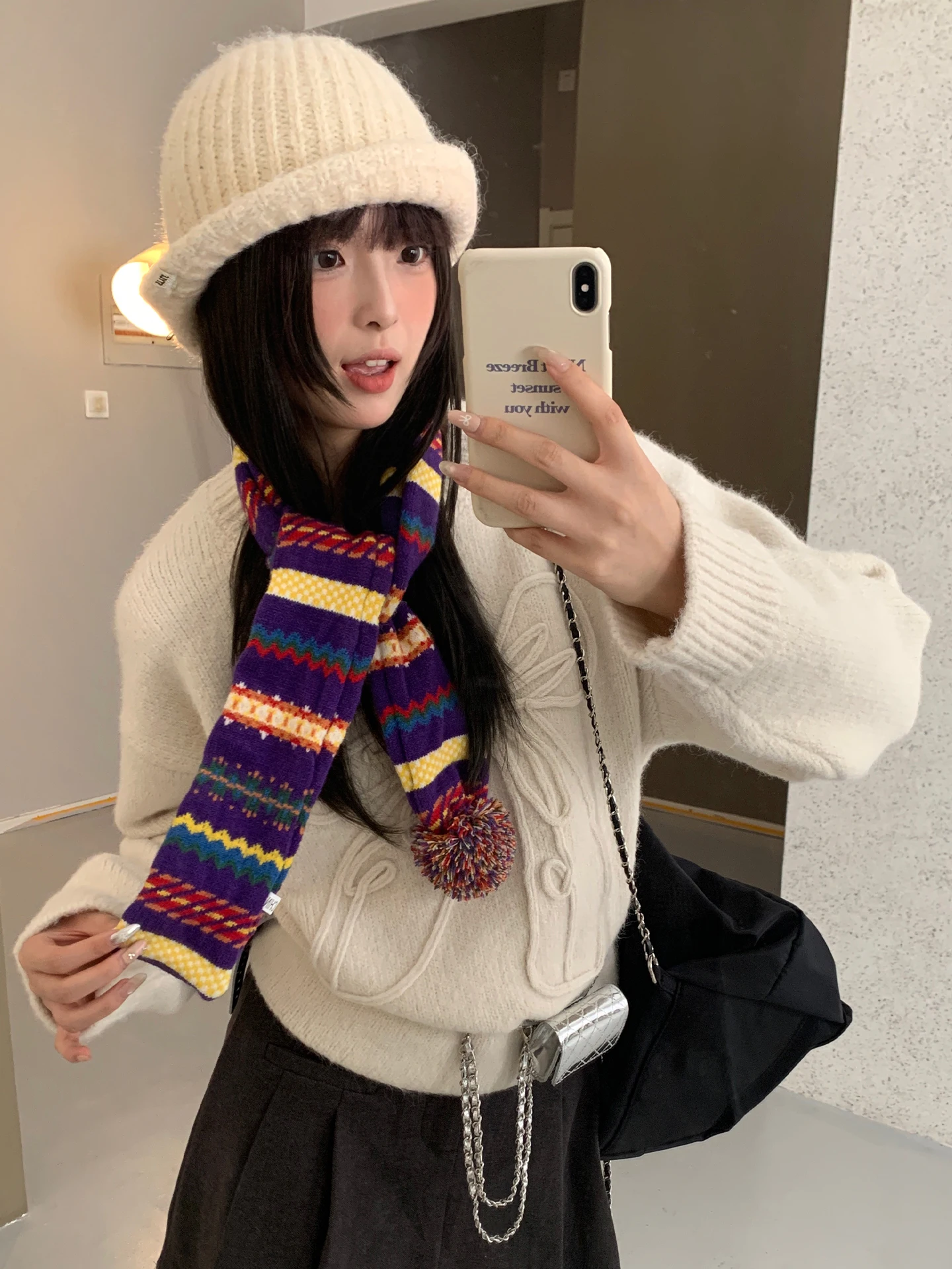 

Вязаный шарф в полоску в стиле ретро допамина для женщин, осенне-зимний стиль, яркий стиль Lsle, теплый короткий шарф с защитой шеи