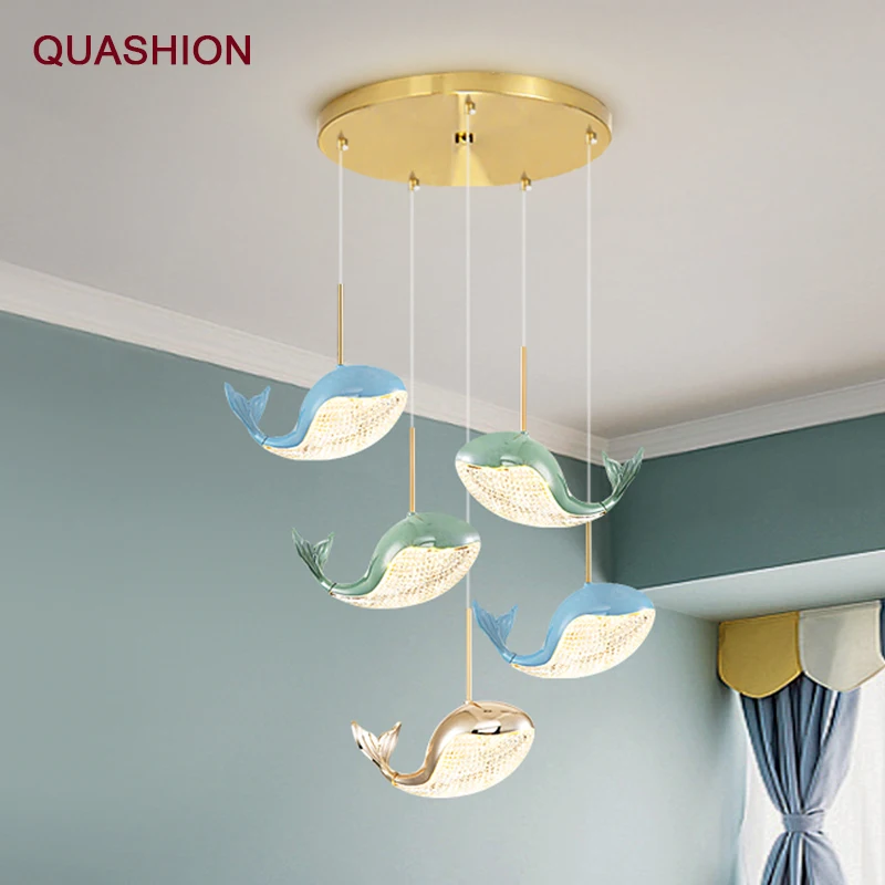 Children\'s Room Dolphin Bedroom Bedside Golden Chandelier Long Line Modern Light Luxury Living Room Small Pendant Lamp Fixtures