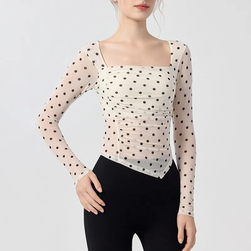 Square Neck Polka Dot Retro T-shirt Long Sleeve Shirts Gym Top Irregular Hem Waistband Chest Pad Yoga Fitness Pilates Clothing