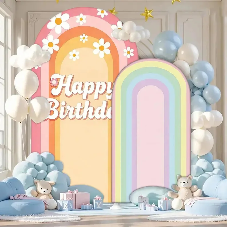 

LS Custom 2-Sided Bohemian Rainbow Daisy Girl Birthday Party Baby Shower Wedding Cover Chiara Arch Background Decor Backdrop