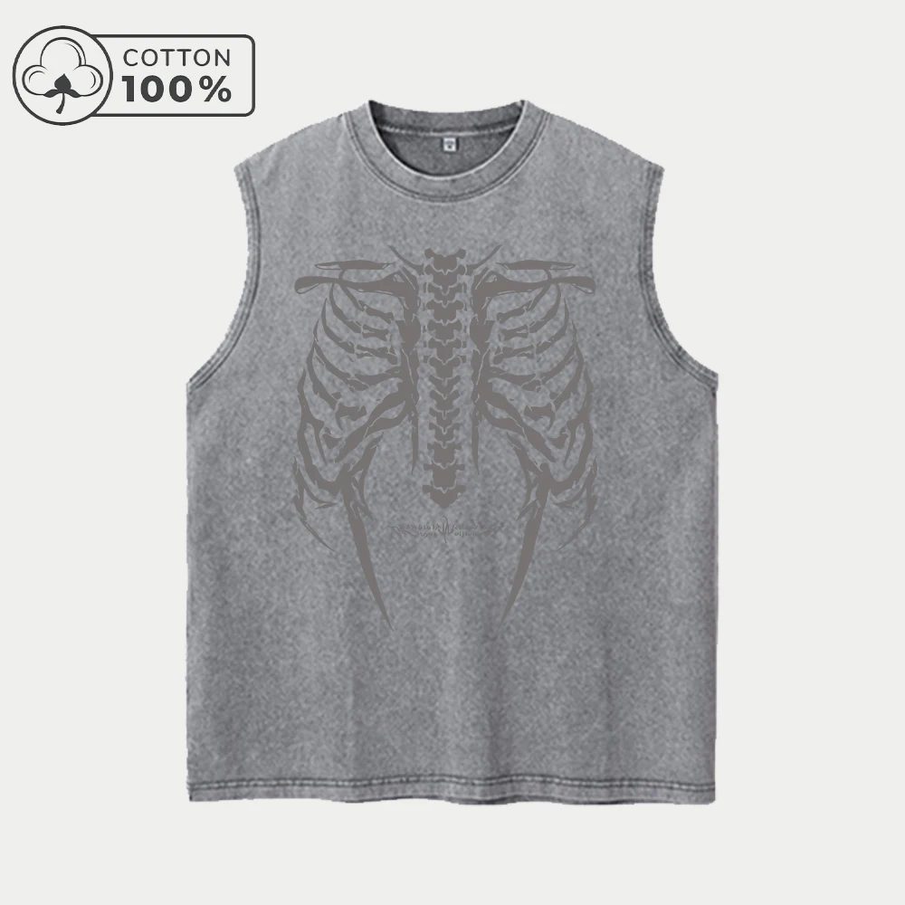 Men's Unique Chestbone Print Washed Vest Retro Pure Cotton Sleeveless Top Casual Loose Fitting Summer Fitness Commute Vest