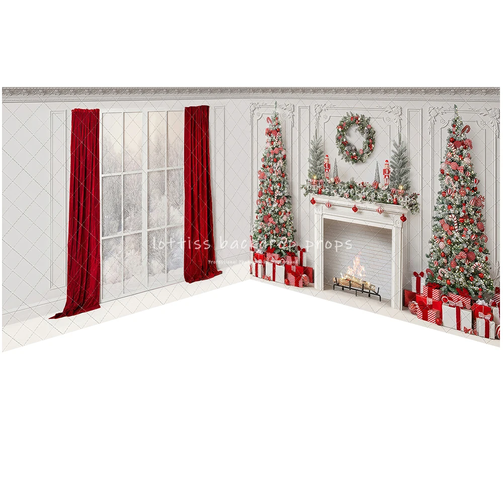 Peppermint Parlor Xmas Backdrops Family Kids Photography Child Adult Photocall Decors Christmas Fireplace Windows Backgrounds