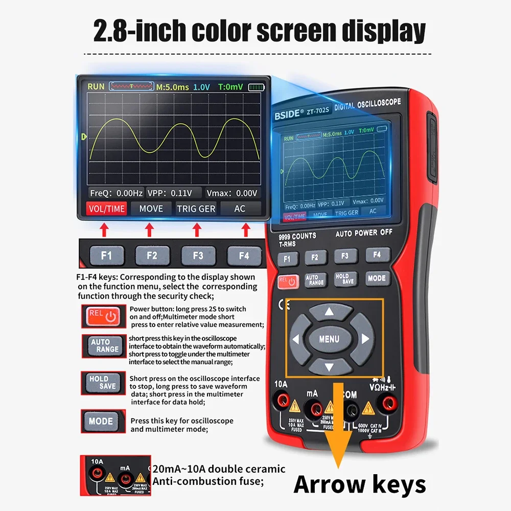 BSIDE ZT-702S Digital Oscilloscope Multimeter 9999 Counts 48MSa/s Sampling Rate 10Mhz Frequency Band 2.8inch LED Screen Display